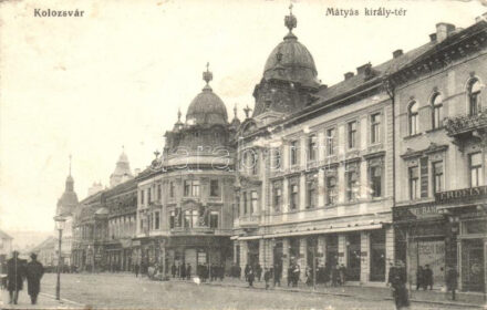 Kolozsvár, Cluj; Mátyás király tér, Erdélyi bank, Generali pesti általános biztosító társaság / square, bank, insurance company (felszíni sérülés / surface damage)