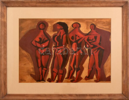 Fritz Éva (1929-1995): Alakok, 1974 körül. Olaj, papír, jelzett, hátoldalán címkén feliratozott, üvegezett fa keretben, 29×41 cm