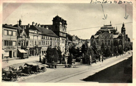 Kassa, Kosice; Stefánik utca, színház, bank, Schnitzer üzlete / street view, theater, bank, shop (ázott / wet damage)