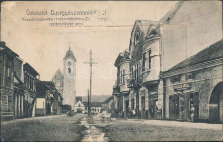 Gyergyószentmiklós, Gheorgheni; Kossuth Lajos utca, Csíkvármegye szerkesztősége, Dornbach Antal üzlete; kiadja Kossuth könyvnyomda / street, shop, editorial office (hiányos leporello / incomplete leporellocard)