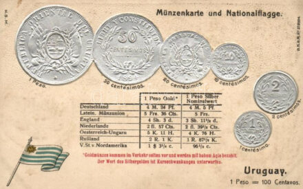 Uruguay; set of coins, flag, Emb. litho (wet damage)