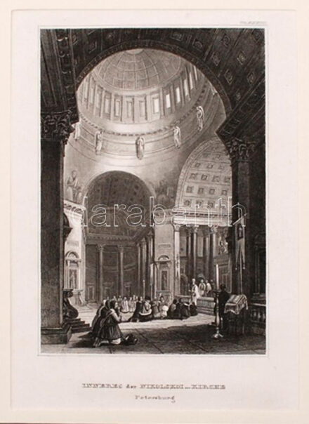 1860 Szentpétervár:Nikolszki Székesegyház, acélmetszet paszpartuban, jelzés nélkül, 16x9,5cm