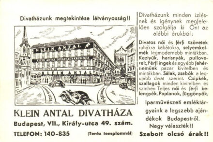 Budapest VII. Király utca 49. Klein Antal Divatháza, Teréz templom, autó, reklám (non pc)