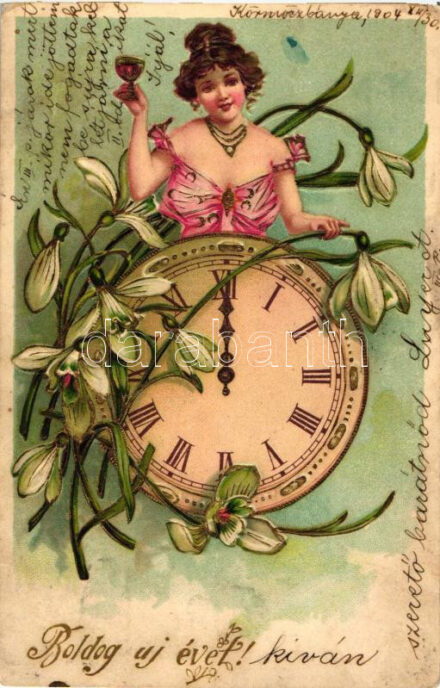'Boldog új évet!' / New Year, lady with clock, floral, golden decorated, litho, Emb. (EK)