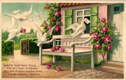 'Taubchen traget meine Grüsse...' / Doves with letters, roses, litho, Emb.