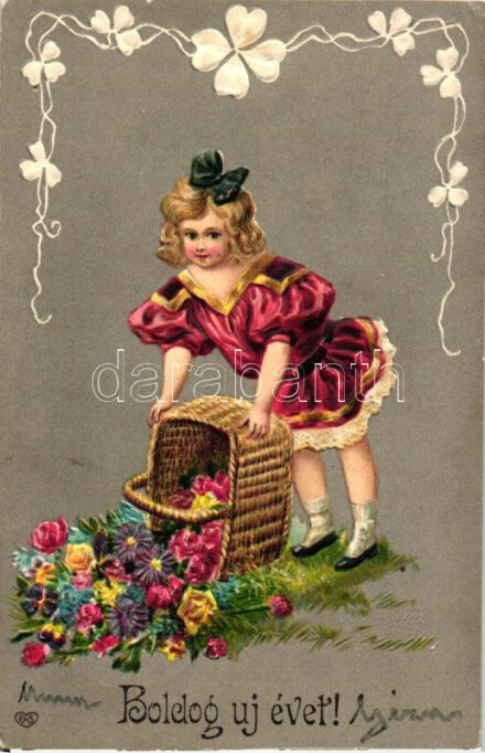 'Boldog új évet!' / girl with basket of flowers, litho, Emb. (EK)