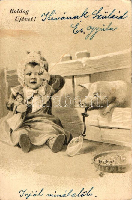 New Year, child, pig, humour, litho (EK)