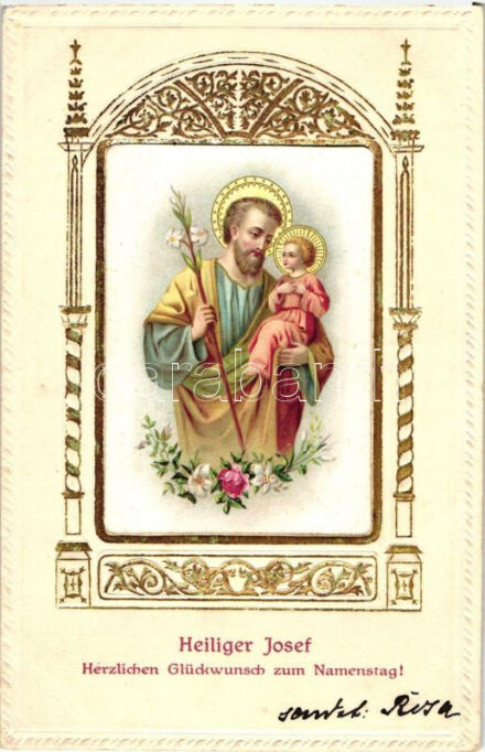 'Heiliger Josef - Herzlichen Glückwunsch zum Namenstag!' / Nameday, St. Joseph, golden decorated, litho, Emb. (EK)