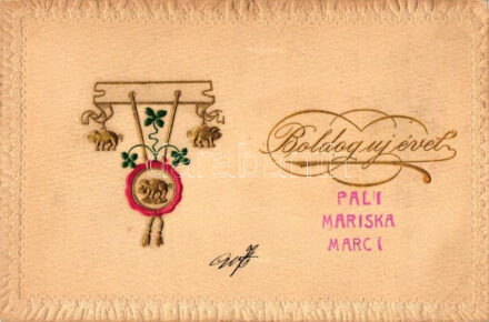 'Boldog új évet' / New Year, pigs, clovers on signet, golden decorated, Emb. (EK)