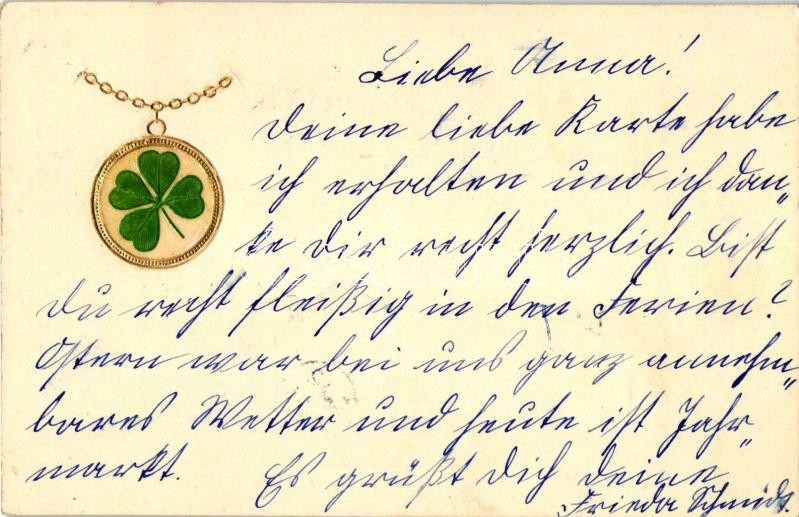 Greeting card, pendant with clover, golden decorated, Emb.