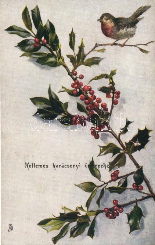 'Kellemes karácsonyi ünnepeket!' / Christmas, robin sitting on a holly branch, Raphale Tuck & Sons Oilette No. 8527
