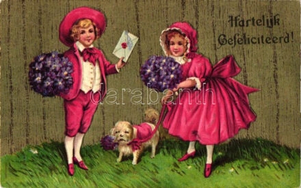 'Hartelijk Gefeliciteerd!' / greeting card, children with dog, M.A.B. No. 18254, litho, Emb. (Rb)
