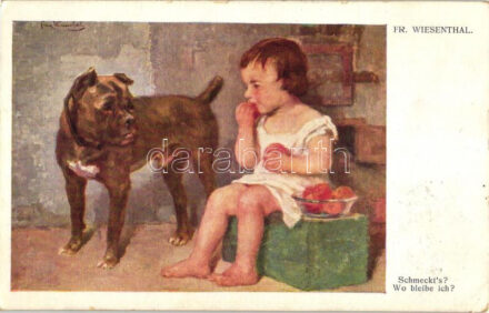 Schmeckt's? Wo bleibe ich? / child with dog, Galerie Wiener Künstler Nr. 388. s: Fr. Wiesenthal