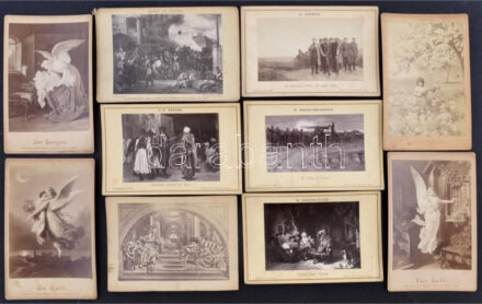 cca 1880 26 db fesményeket ábrázoló keményhátú fotó, benne militária is / 26 vintage photos of paintings 16x11 cm