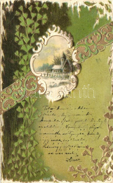 Landscape, floral, Art Nouveau, Emb. litho (EK)