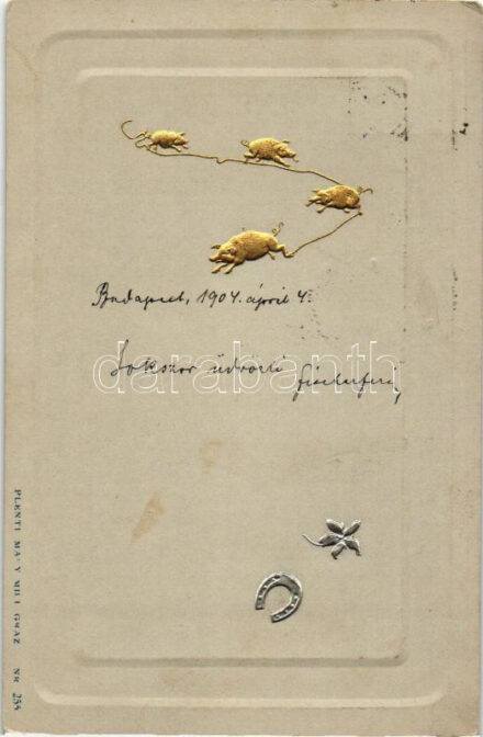 New Year, pig, horeshoe, golden and silver decorated, Emb.