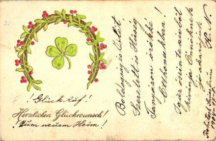 New Year, clover, horeshoe, golden decorated, litho, Emb. (EK)