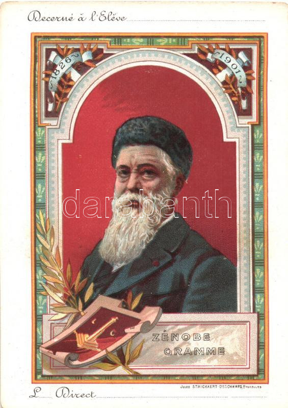 Zénobe Gramme, 'Décerné a l'Eleve / student's award card, litho (non PC)