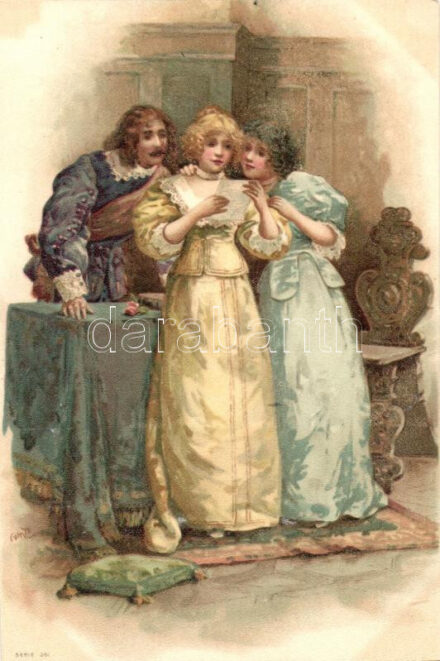 Ladies, man, art postcard, litho, artist signed