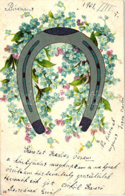 Greeting card with horseshoe, floral, litho
