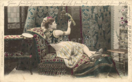Gently erotic lady with parrot in Middle Eastern setting (pinholes)