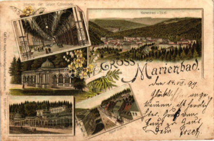 1899 Marianske Lazne, Marienbad; Neuen Colonnade, Kaiserstrasse, Waldquelle / street, fountain, interior, Carl Otto Hayd Kunstverlags-Anstalt No. 257. floral, litho (fl)