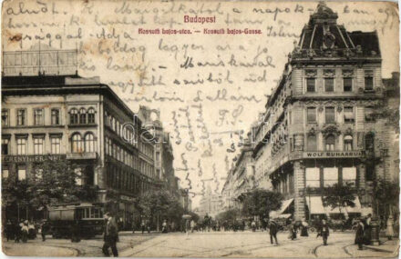 Budapest V. Kossuth Lajos utca, Wolf Ruhaáruház, Berényi és Frankl üzlete, Neumann kereskedése, villamos (EK)