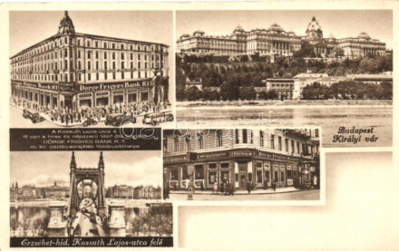 Budapest, Királyi vár, a Dörge Frigyes Bank Rt. Kosstuh Lajos utcai épülete, a m. kir. osztálysorsjáték főelárusítóhelye, Erzsébet híd (EB)
