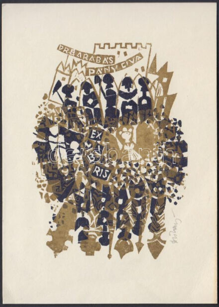 Diskay Lenke (1924-1980): Ex libris Dr. Barabás Pány Éva. Színes fametszet, papír, jelzett, 11×9 cm