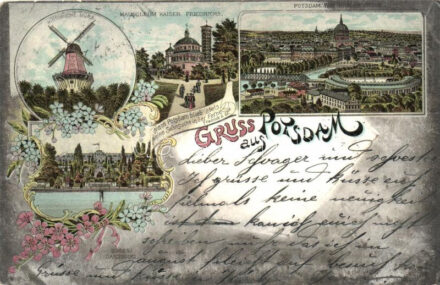 Potsdam, Historische Mühle, Mausoleum Kaiser Friedrichs, Schloss Sanssouci / mill, mausoleum, castle, floral, Art Nouveau litho (EB)