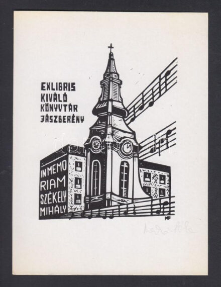 Meskó Anna (1943-2010) és Póka György (1944-): Ex libris kiváló könyvtár Jászberény. Linó, papír, jelzett, 10×8 cm