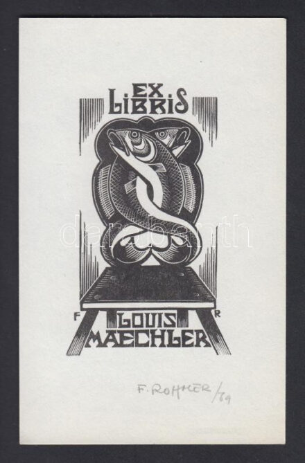 François Rohmer (1905-1997): Ex libris Louis Maechler. Fametszet, papír, jelzett, 8×5 cm