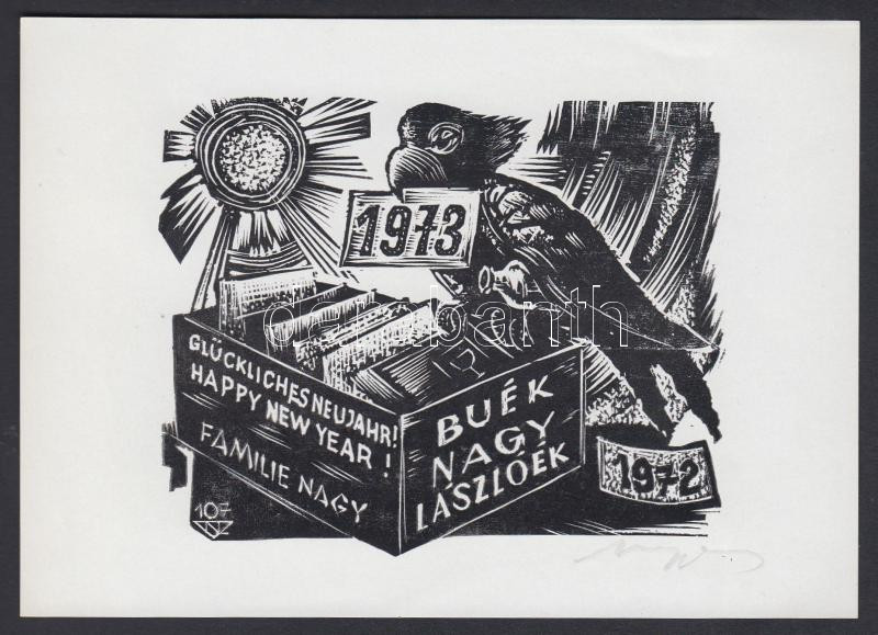 Nagy Lázár László (1935-): Ex libris Buék 1973. Fametszet, papír, jelzett, 7×10 cm