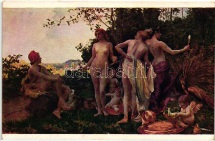 'Urteil des Paris' / Jugement of Paris, erotic nude art postcard, s: V. Hynais (fa)
