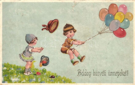 'Kellemes húsvéti ünnepeket' / Easter greeting card, children, airballoons, eggs (b)