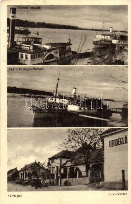 Gönyű, Duna, MFTR hajóállomás, utcakép vendéglővel