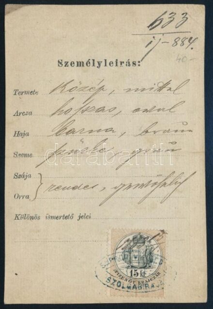 1884 Sopron, igazolási jegy 15kr illetékbélyeggel