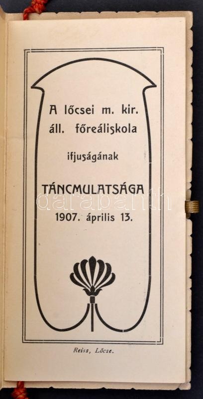 1907 Lőcse, Felvidék, főreáliskola táncmulatság táncrendje, Szecessziós virág díszítéssel / 1907 Levoca, Leutschau dance program, Art Nouveau decoration