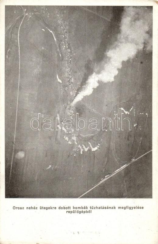 Orosz nehéz ütegekre dobott bombák tűzhatásának megfigyelése repülőgépből / WWI K.u.K. military, bombing of the Russians seen from airplane (EK)