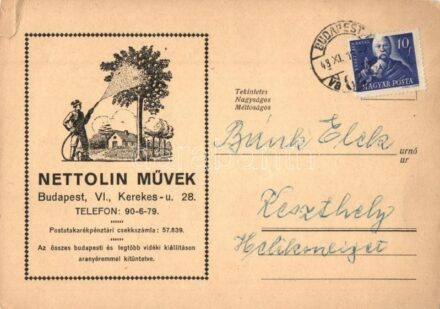 1948 Nettolin Művek permetező készülék üzlet reklámlapja. Budapest, kerekes u. 28 / Hungarian Spraying device company advertisement (szakadás / tear)