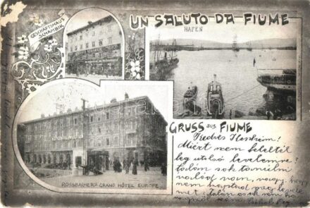 Fiume, Edoardo Schambik üzlete, Rossbacher Europa Nagyszállója, kikötő / Hafen, Geschäftshaus, Hotel / port, shop, hotel, Art Nouveau (EB)