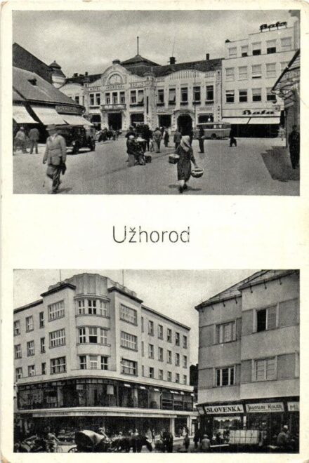 Ungvár, Uzhorod, Uzshorod; Korona szálloda, Slovenka és Jaroslav Kolár üzlete / hotel, shops (EB)