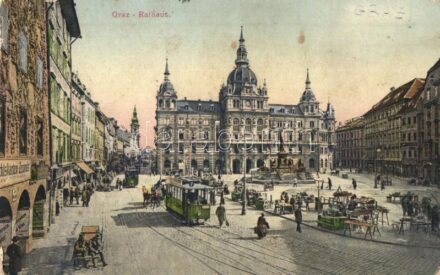Graz, Rathaus / town hall, market vendors, trams, shops (Rb)