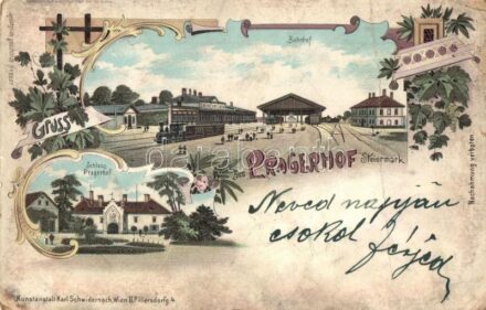 Pragersko, Pragerhof; Bahnhof, Schloss / railway station, castle, locomotive. Karl Schwidernoch Art Nouveau, floral, litho (fa)