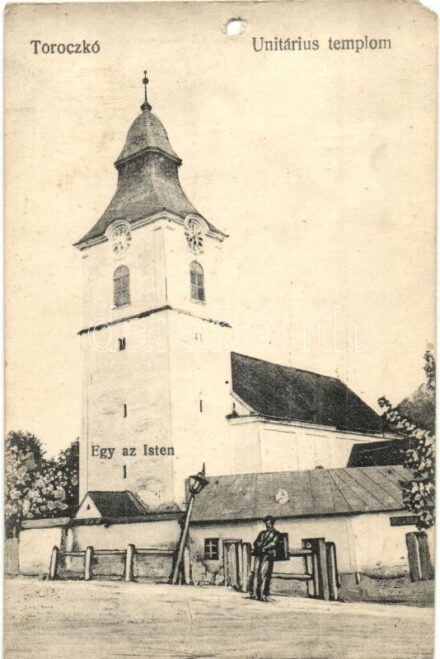 Torockó, Rimetea; Unitárius templom 'Egy az Isten' felirattal, Wernes üzlete. Fogyasztási szövetkezet kiadása / Unitarian church, shop (lyuk / hole)
