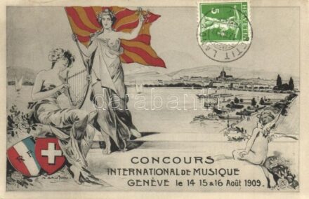 1909 Geneve, Geneva; Concours International de Musique / International Music Competition advertisement card, Swiss coat of arms. E. Pollian & Geroudet. TCV card (EK)