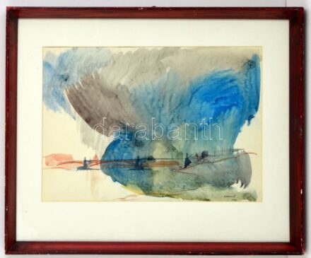 Istókovits Kálmán (1898-1990): Vihar a Dunán (Margit-híd, Budapest), 1947. Akvarell, papír, jelzett, paszpartuban, üvegezett fa keretben, 30×44 cm