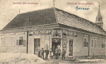 1912 Hosszúfalu, Satulung (Négyfalu, Sacele); Proka Demeter és társai vegyeskereskedése az oroszlánhoz, tél. Keresztes Mihály fényképész / Dimitrie Proca / shop in winter (Rb)