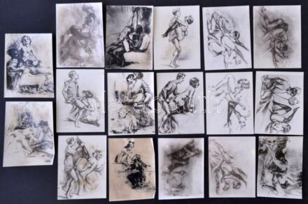 cca 1910 Pornográf metszetekről készült felvételek 16 db üveg negatívon, az negatívról előhívott fotókkal, 12x9 cm / Pornographic etchings on 16 glass negatives, 12x9 cm