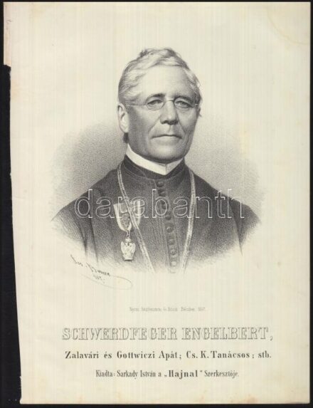 1867 Schwerdfeger Engelbert zalavári és Gottwiczi apát, cs, kir tanácsos kőnyomatos portréja. Joseph Bauer / Lithographic portrait 20x26 cm.